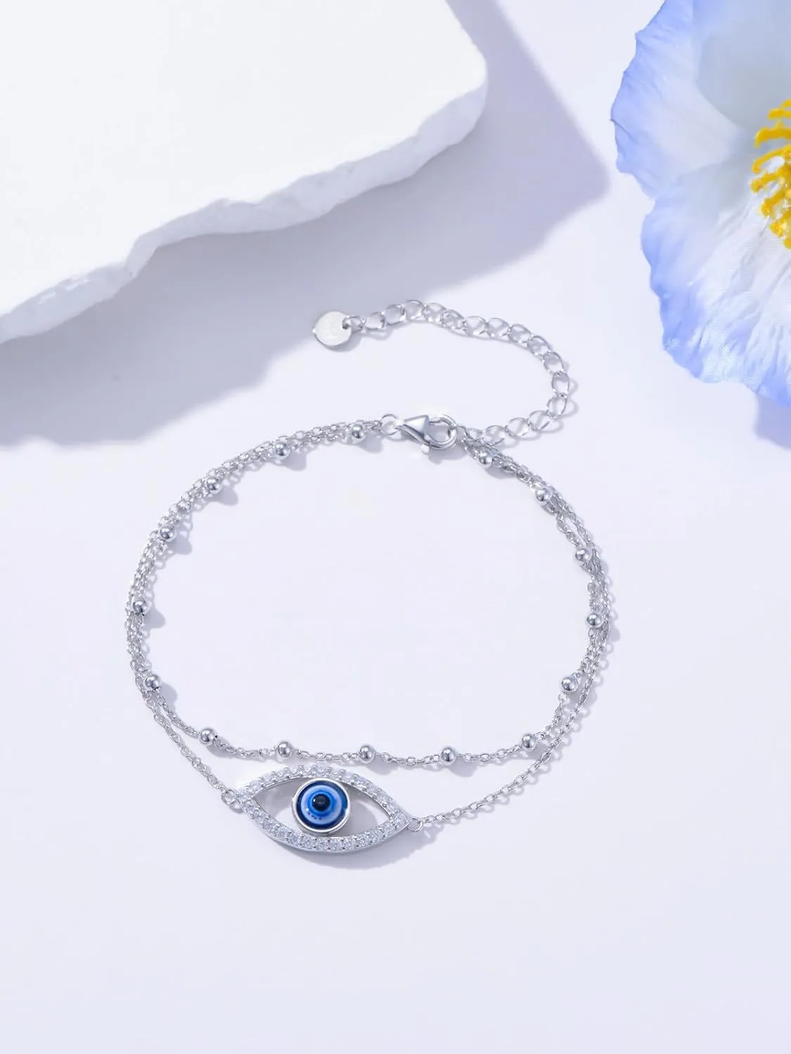 Dragonfly/Evil Eye/Hamsa Evil Eye/Lotus/Mushroom Anklet Bracelets for Women Sterling Silver Adjustable Double Layered Bracelet Anklet Mother's Day Jewelry Gifts Beach Jewelry
