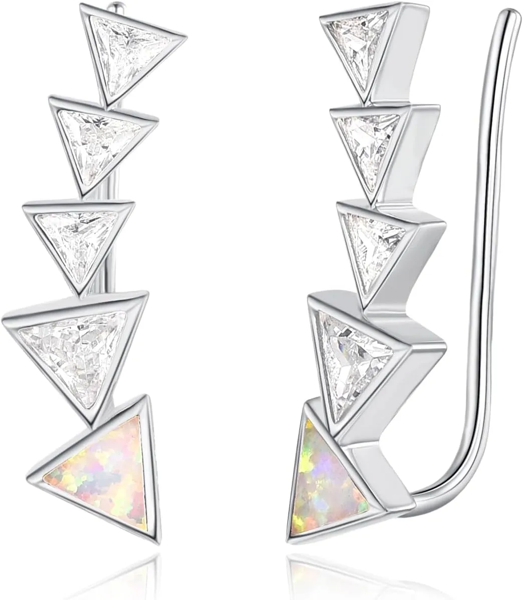 Dreamboat Triangular Opal Ear Climbers Earrings Sterling Silver Geometry Crawler Earrings for Women