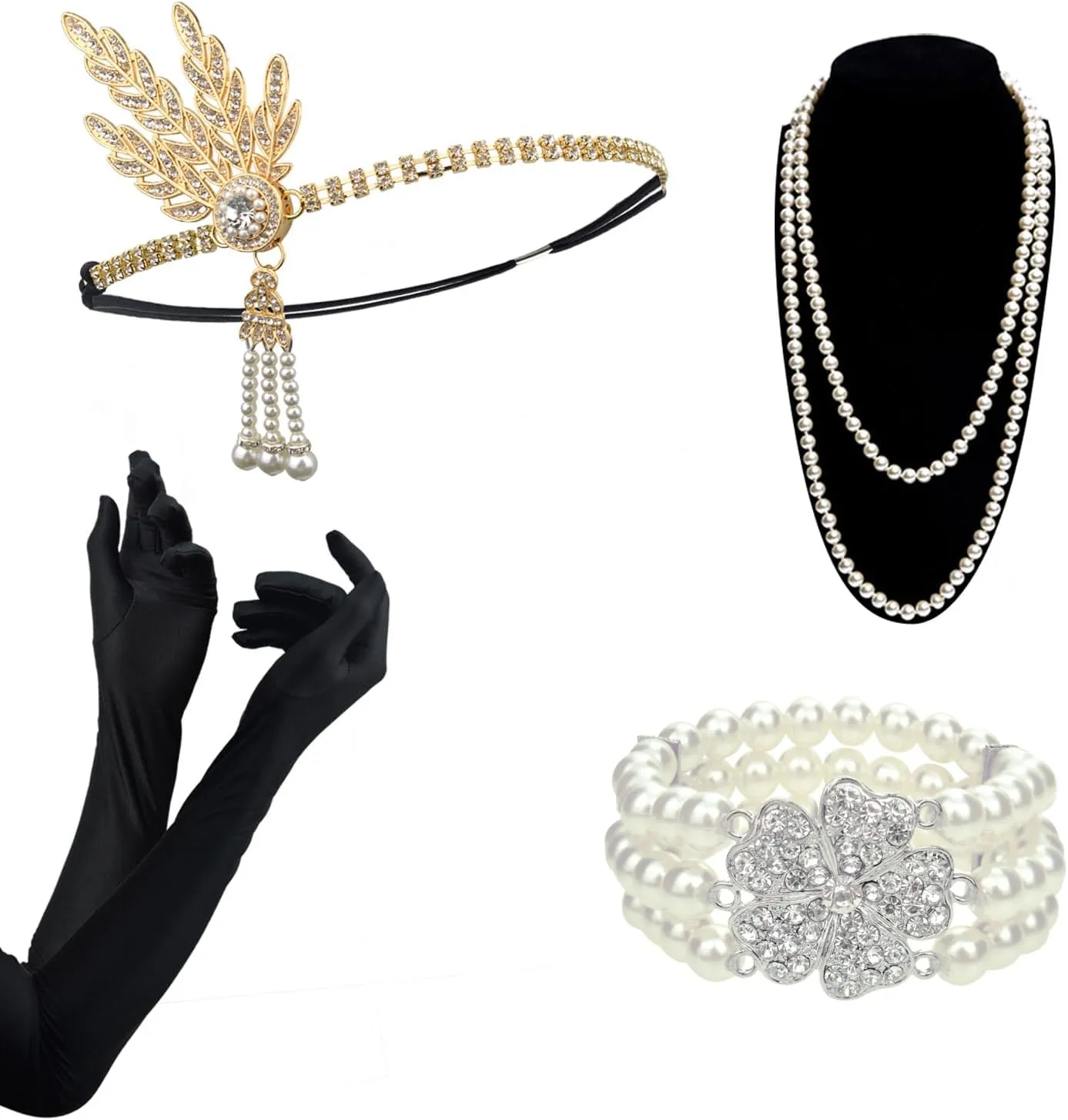 DRESHOW 1920s Great Gatsby Accessories for Women Flapper Headpiece Headband Gloves Costume Harlem Nights Accessories Set