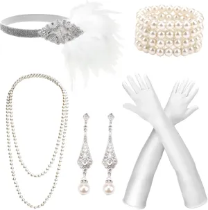 DRESHOW 1920s Great Gatsby Accessories Set for Women Flapper Costume Accessories Feather Headband Roaring 20s Accessories Set