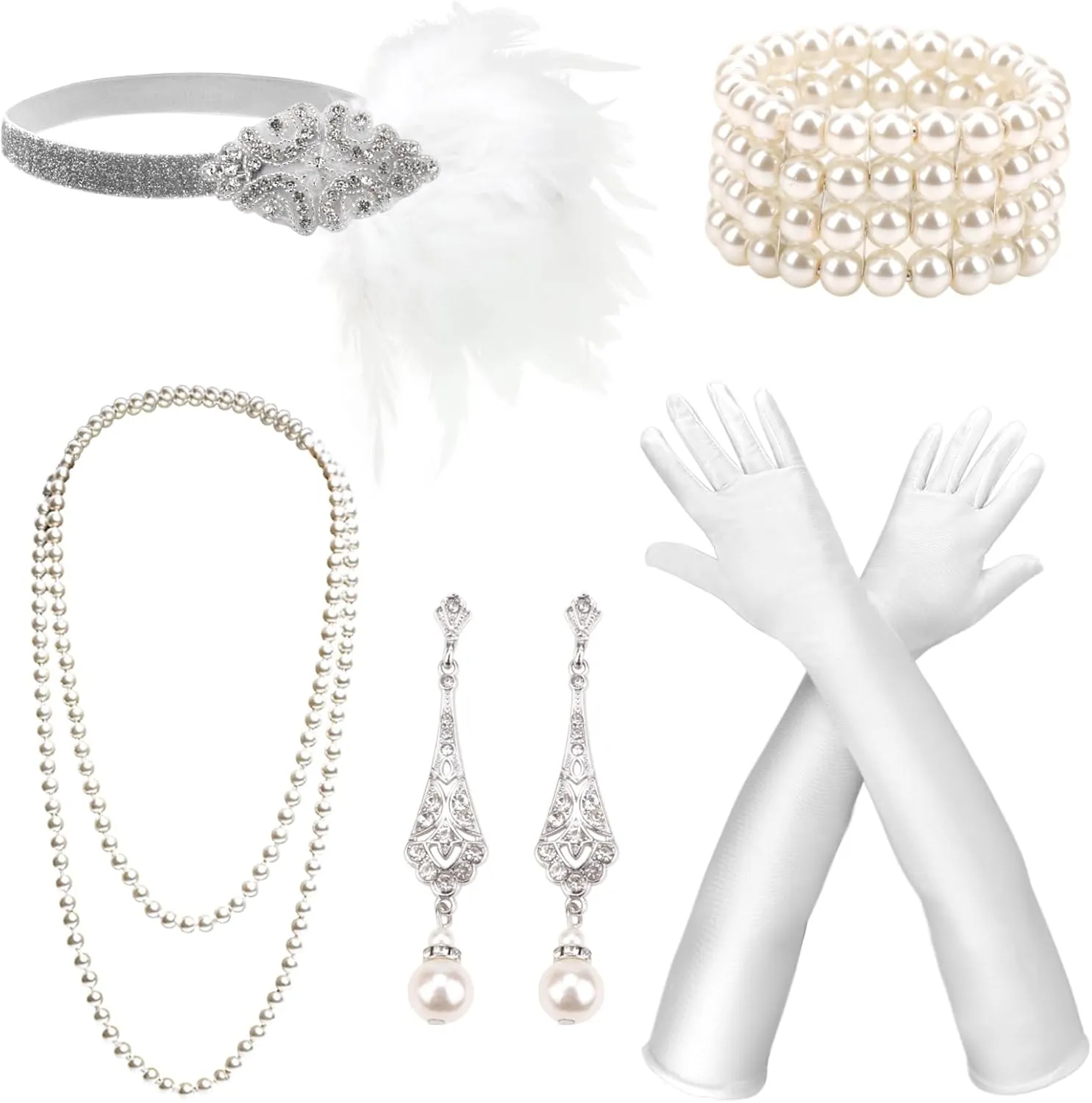 DRESHOW 1920s Great Gatsby Accessories Set for Women Flapper Costume Accessories Feather Headband Roaring 20s Accessories Set