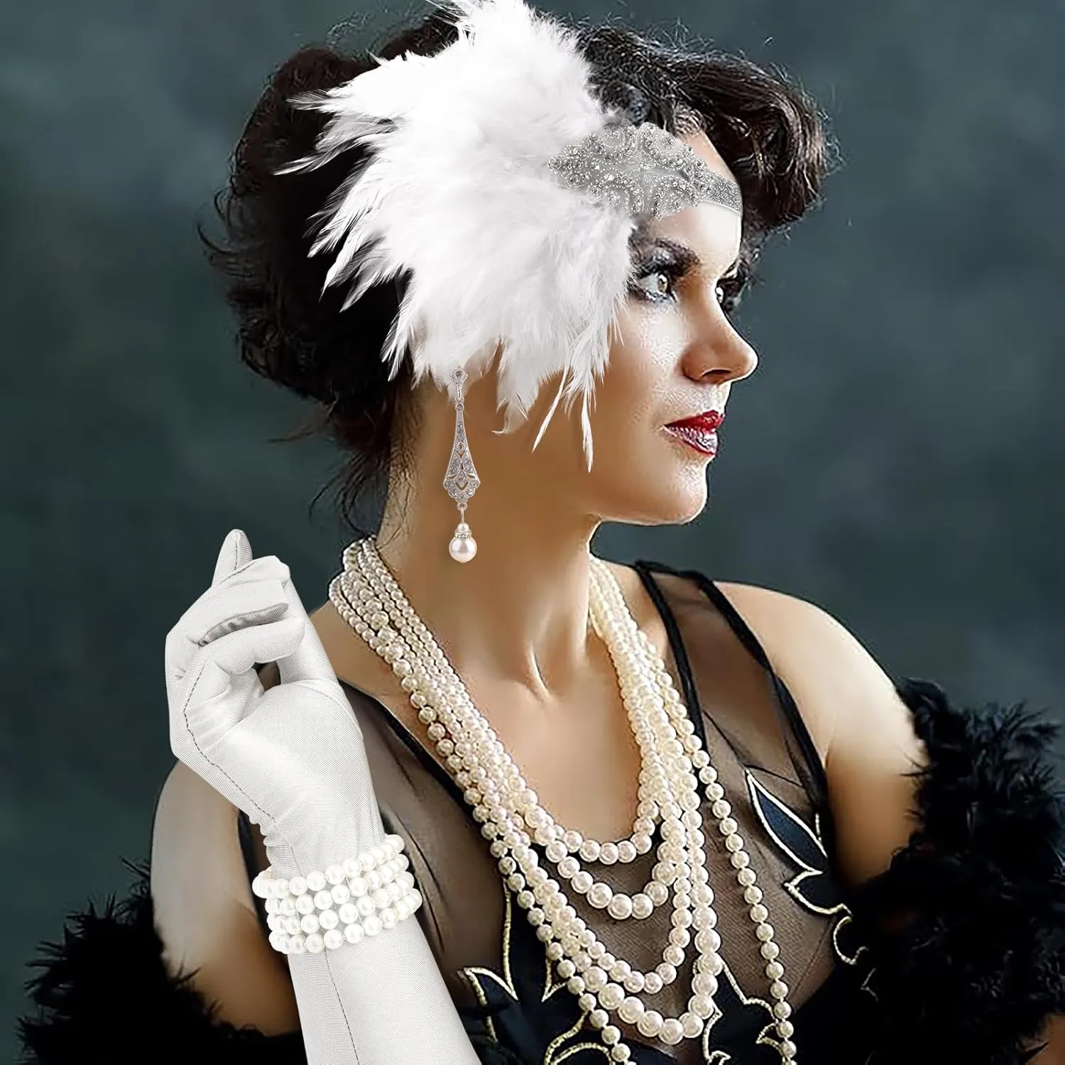 DRESHOW 1920s Great Gatsby Accessories Set for Women Flapper Costume Accessories Feather Headband Roaring 20s Accessories Set
