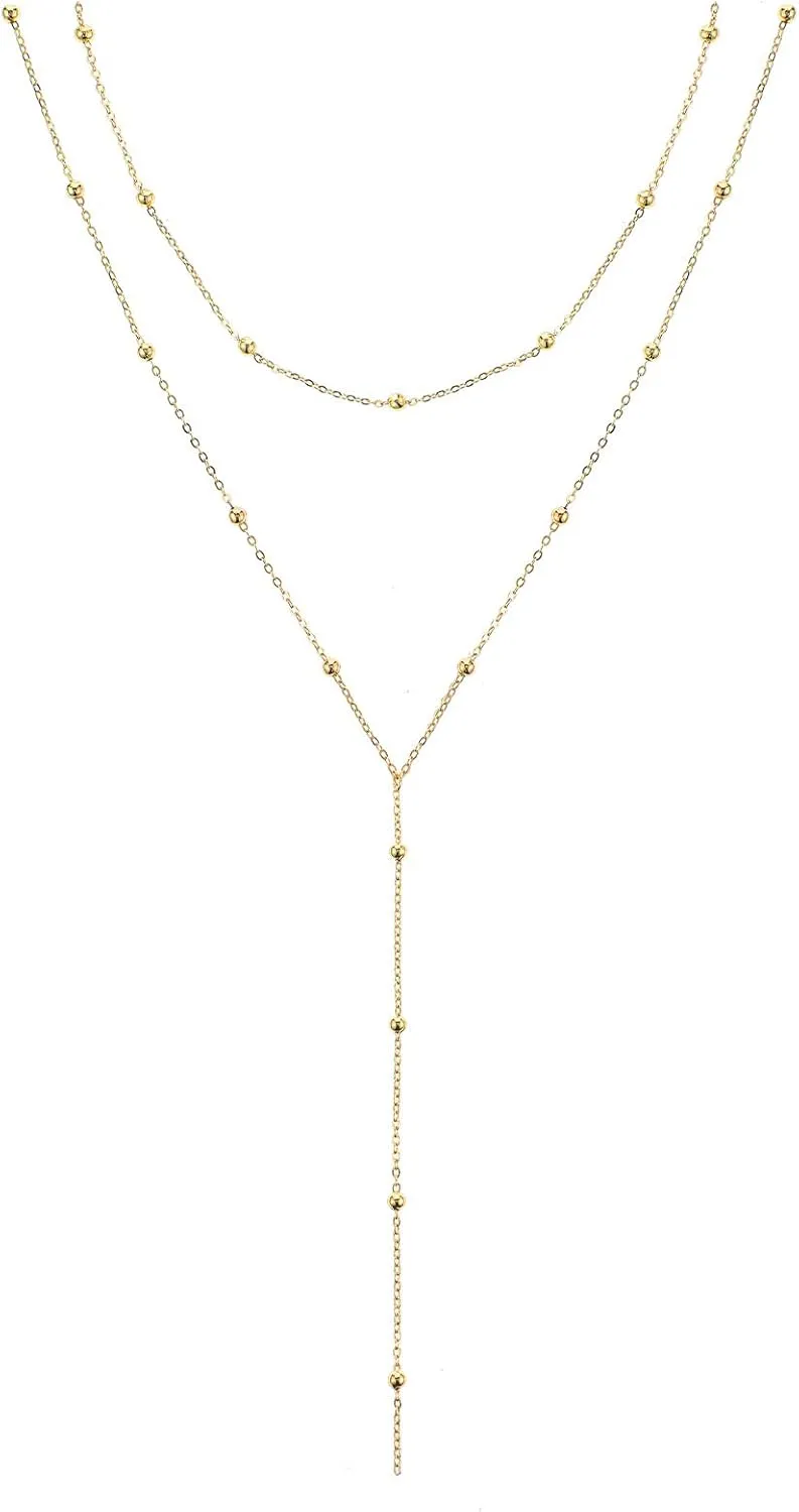 Drop Lariat Chain for Women, Dainty Layered Long Gold/Silver Necklaces Trendy Tassel Beaded Y Shaped Necklace Teardrop Jewelry Gifts for Ladies Mother Wife