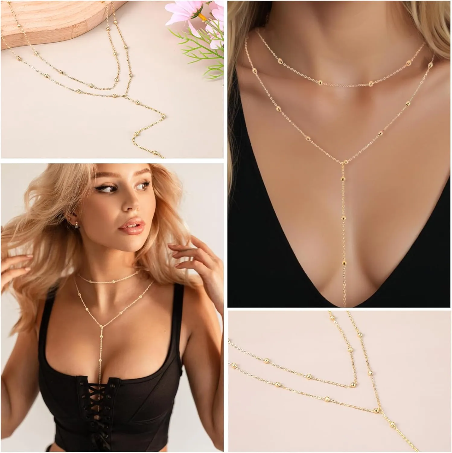 Drop Lariat Chain for Women, Dainty Layered Long Gold/Silver Necklaces Trendy Tassel Beaded Y Shaped Necklace Teardrop Jewelry Gifts for Ladies Mother Wife