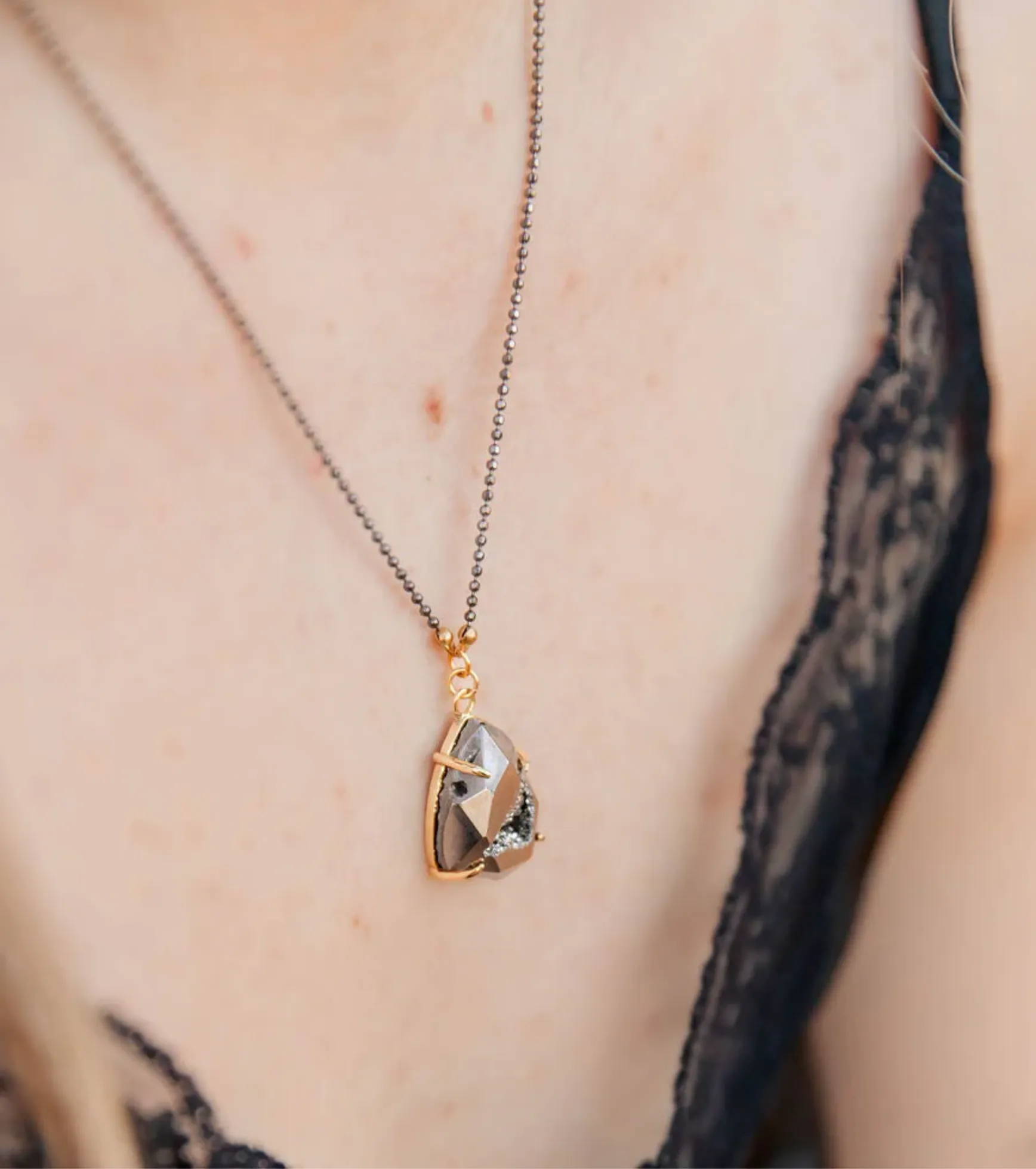 Druzy Nugget Necklace, Gunmetal