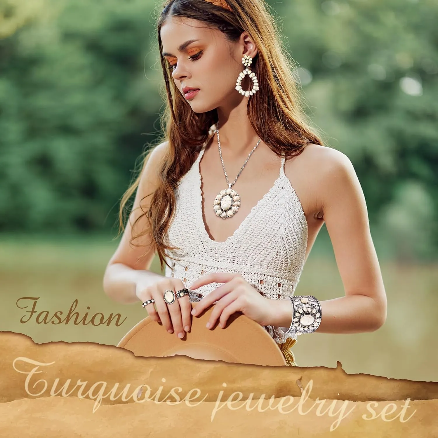Ecally Bohemian Western Jewelry Turquoise Set Women Bohemian Pendant Long Choker Layered Bracelets Earrings Ring for Women
