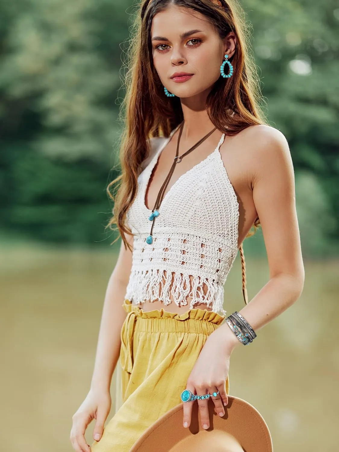 Ecally Bohemian Western Jewelry Turquoise Set Women Bohemian Pendant Long Choker Layered Bracelets Earrings Ring for Women