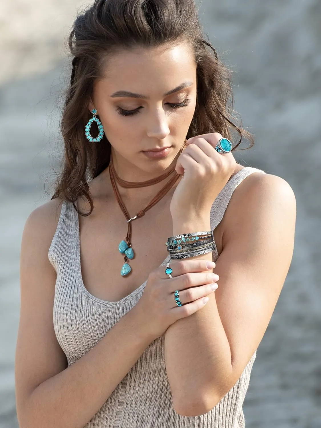 Ecally Bohemian Western Jewelry Turquoise Set Women Bohemian Pendant Long Choker Layered Bracelets Earrings Ring for Women