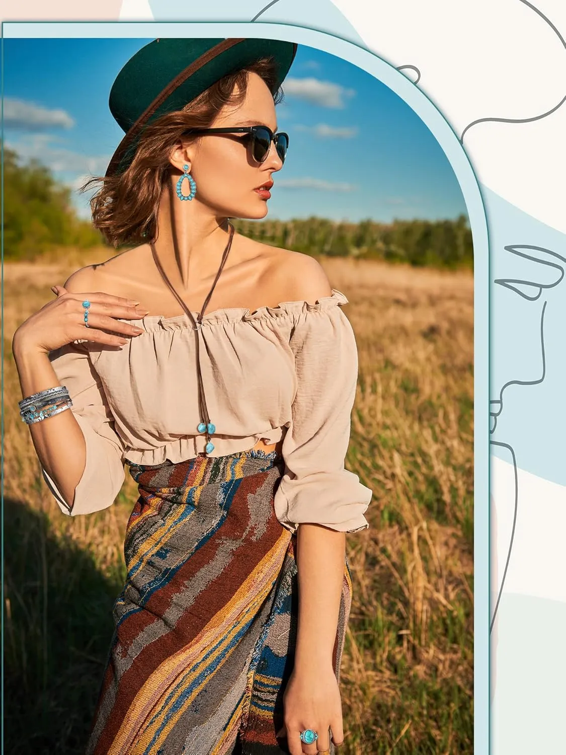 Ecally Bohemian Western Jewelry Turquoise Set Women Bohemian Pendant Long Choker Layered Bracelets Earrings Ring for Women