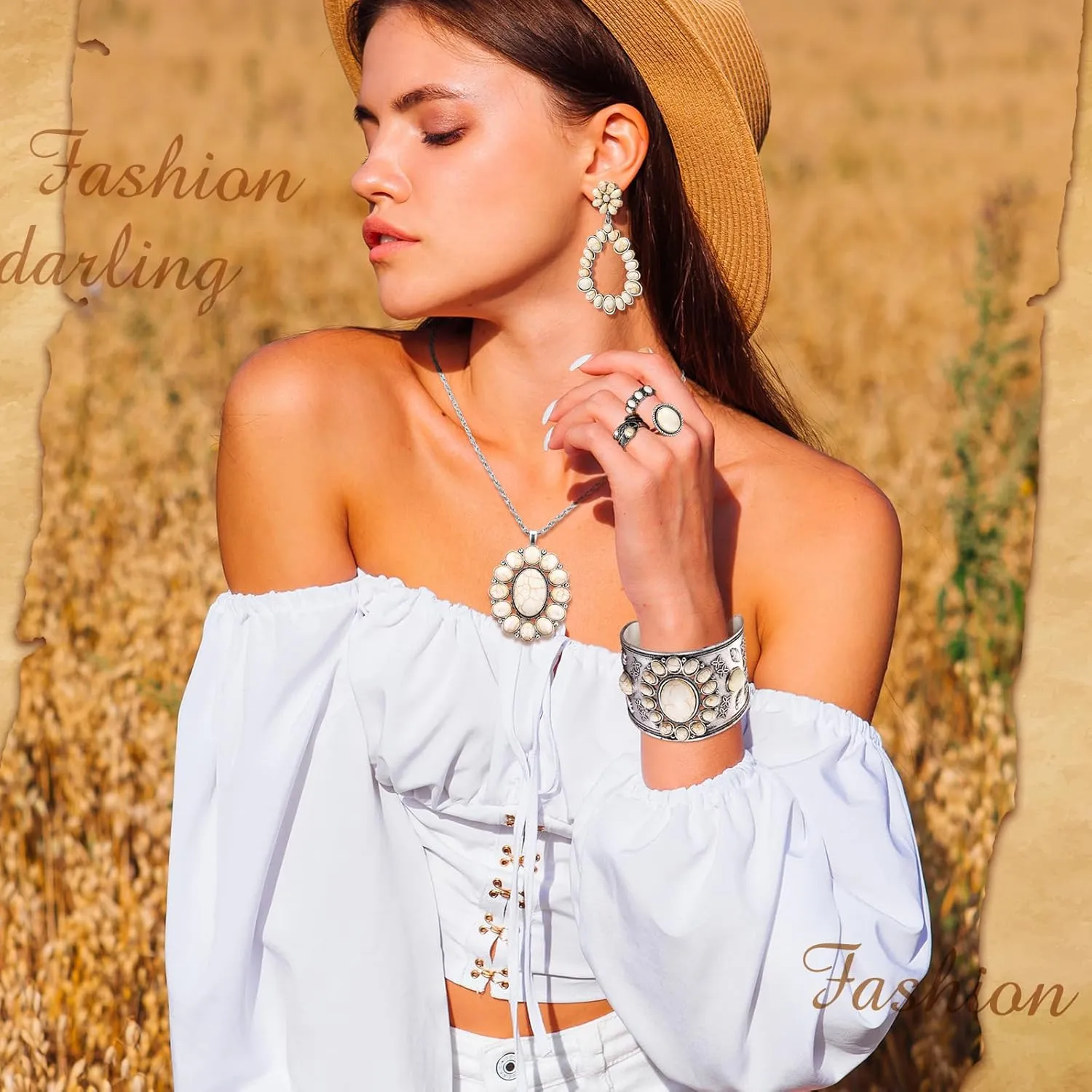 Ecally Bohemian Western Jewelry Turquoise Set Women Bohemian Pendant Long Choker Layered Bracelets Earrings Ring for Women