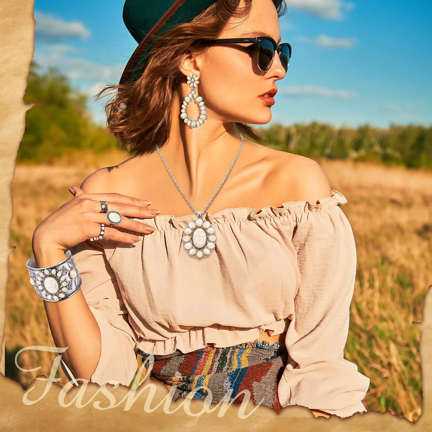 Ecally Bohemian Western Jewelry Turquoise Set Women Bohemian Pendant Long Choker Layered Bracelets Earrings Ring for Women
