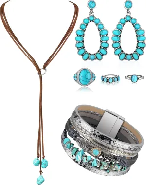 Ecally Bohemian Western Jewelry Turquoise Set Women Bohemian Pendant Long Choker Layered Bracelets Earrings Ring for Women