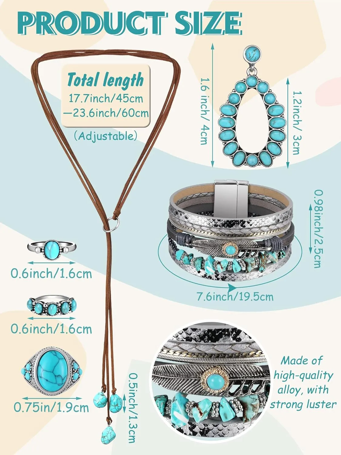 Ecally Bohemian Western Jewelry Turquoise Set Women Bohemian Pendant Long Choker Layered Bracelets Earrings Ring for Women