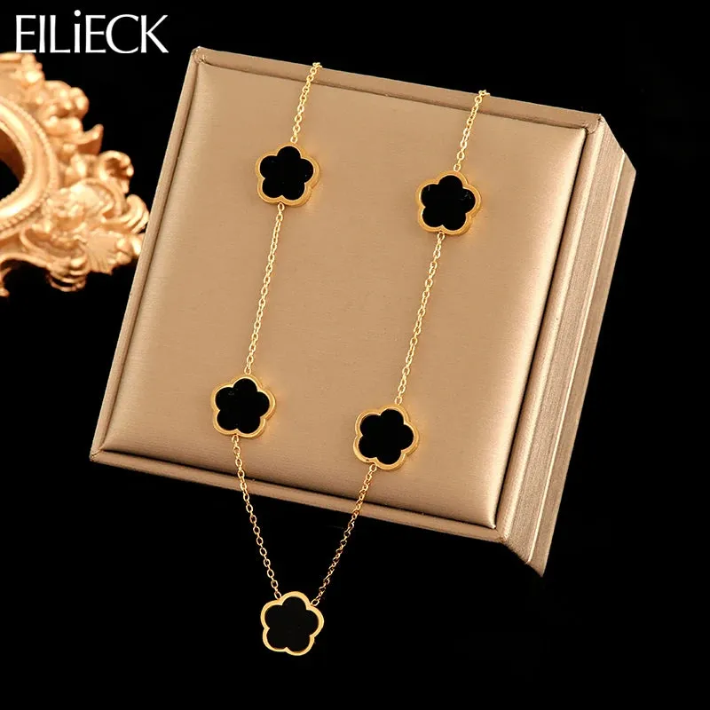 EILIECK 316L Stainless Steel Black 5-Leaf Flower Necklace