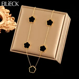 EILIECK 316L Stainless Steel Black 5-Leaf Flower Necklace