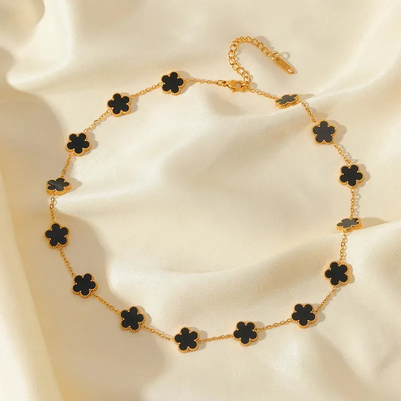 EILIECK 316L Stainless Steel Black 5-Leaf Flower Necklace
