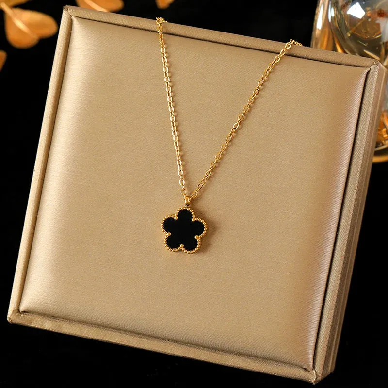 EILIECK 316L Stainless Steel Black 5-Leaf Flower Necklace