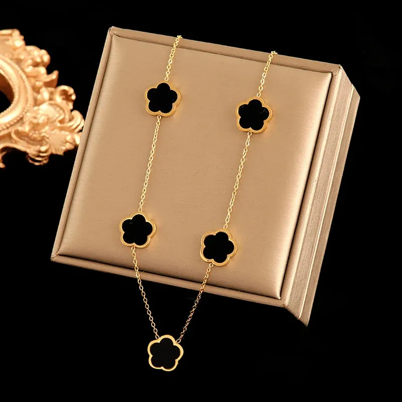 EILIECK 316L Stainless Steel Black 5-Leaf Flower Necklace