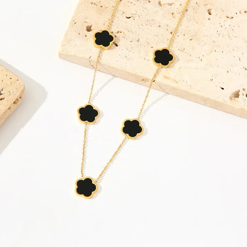 EILIECK 316L Stainless Steel Black 5-Leaf Flower Necklace