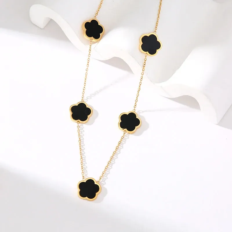 EILIECK 316L Stainless Steel Black 5-Leaf Flower Necklace