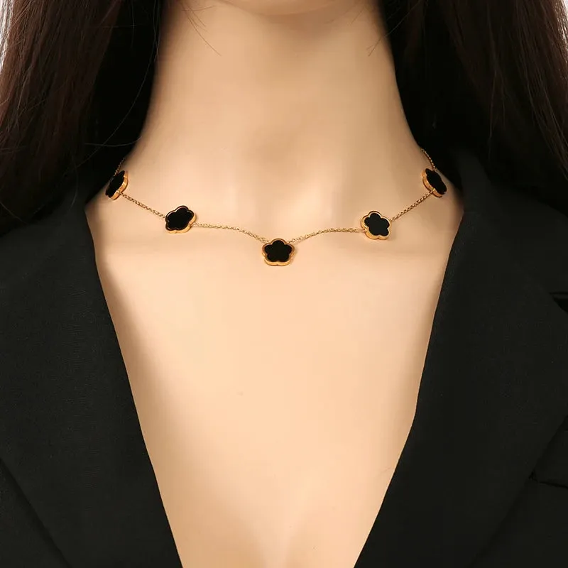 EILIECK 316L Stainless Steel Black 5-Leaf Flower Necklace