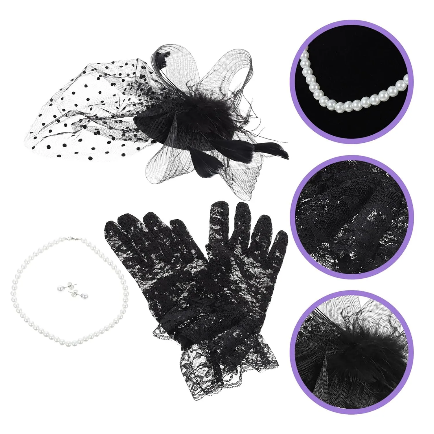 Elegant Bridal Headwear Set Wedding Party Gloves Hairpin Necklace Pearl Earrings Mesh Headband for Bride
