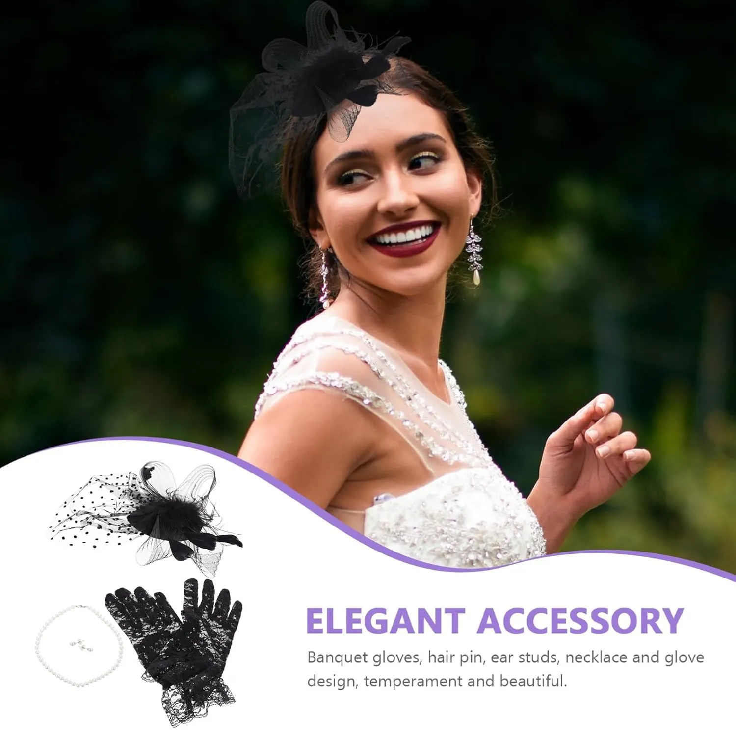 Elegant Bridal Headwear Set Wedding Party Gloves Hairpin Necklace Pearl Earrings Mesh Headband for Bride