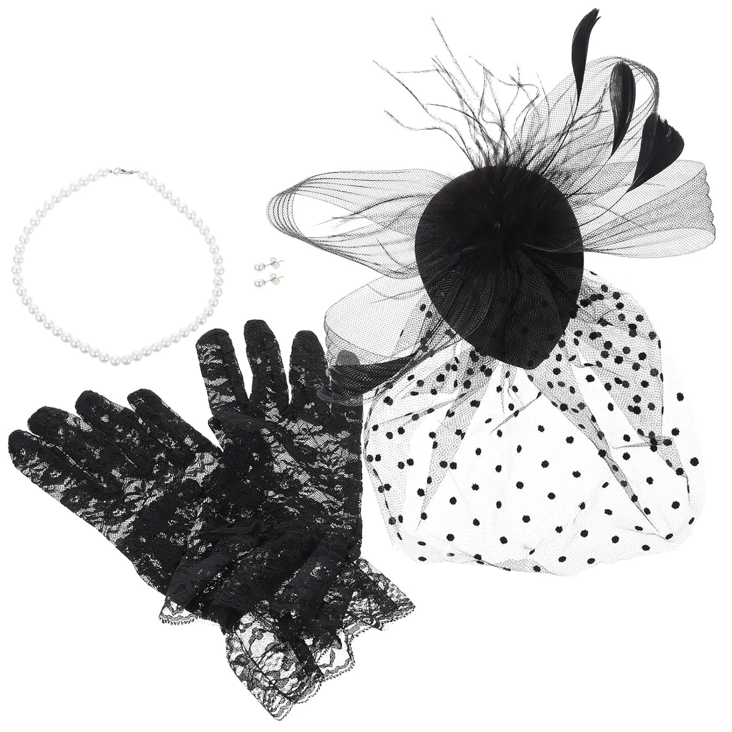 Elegant Bridal Headwear Set Wedding Party Gloves Hairpin Necklace Pearl Earrings Mesh Headband for Bride