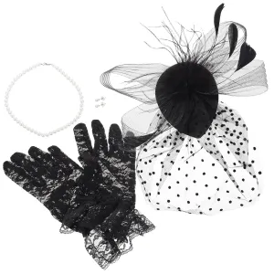 Elegant Bridal Headwear Set Wedding Party Gloves Hairpin Necklace Pearl Earrings Mesh Headband for Bride