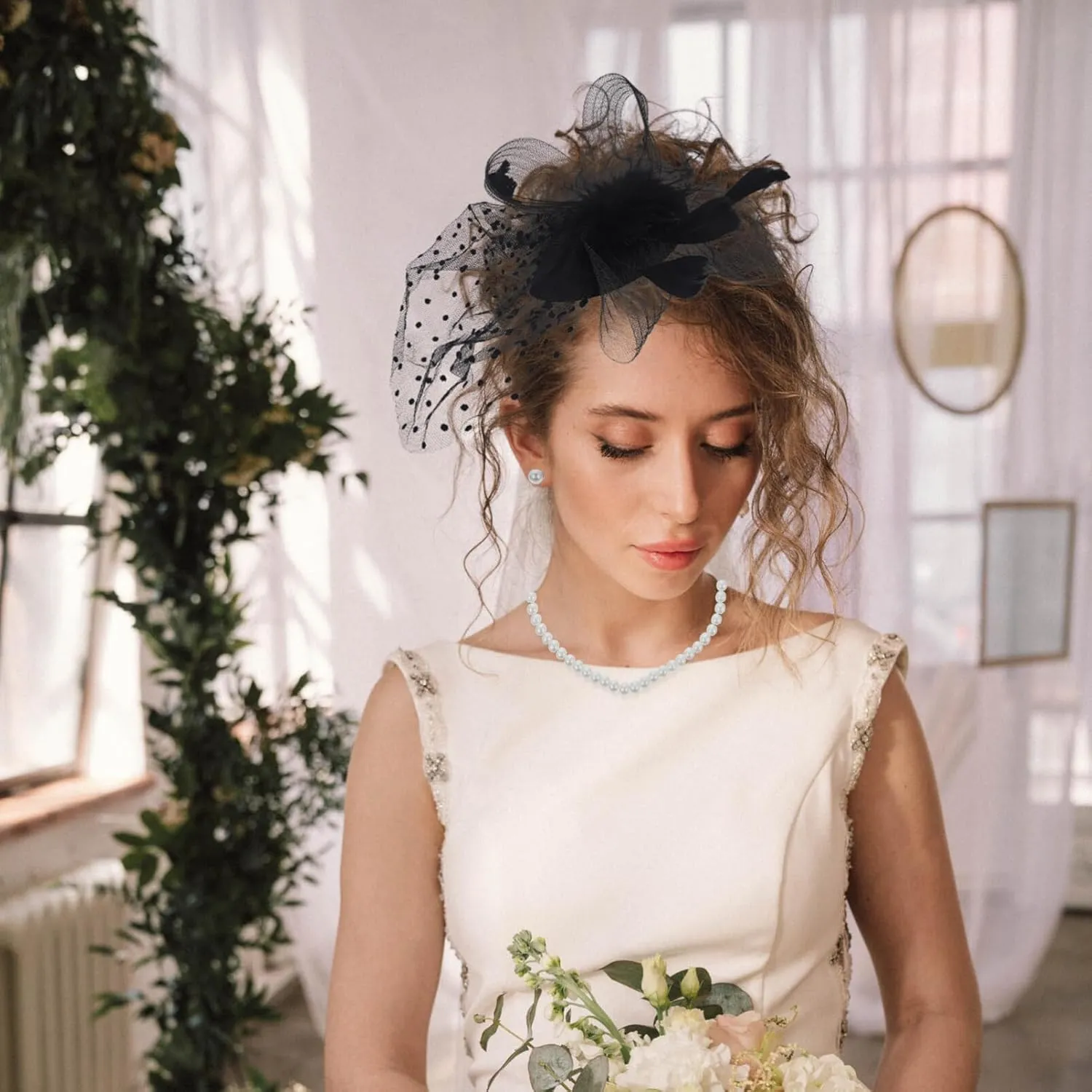 Elegant Bridal Headwear Set Wedding Party Gloves Hairpin Necklace Pearl Earrings Mesh Headband for Bride