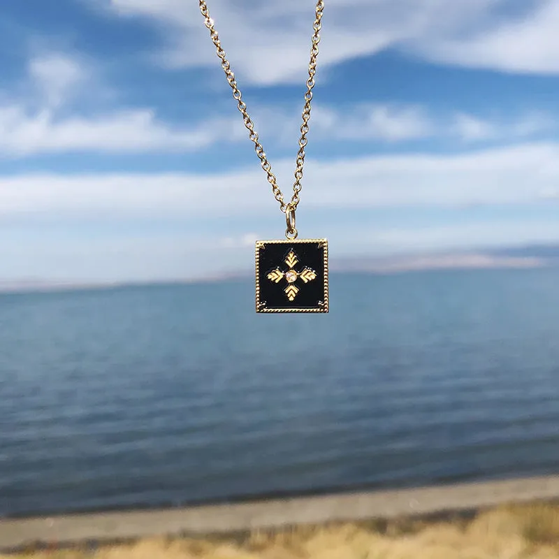Elegant Gold-Plated Square Pendant Necklace with Embossed Snowflake Design