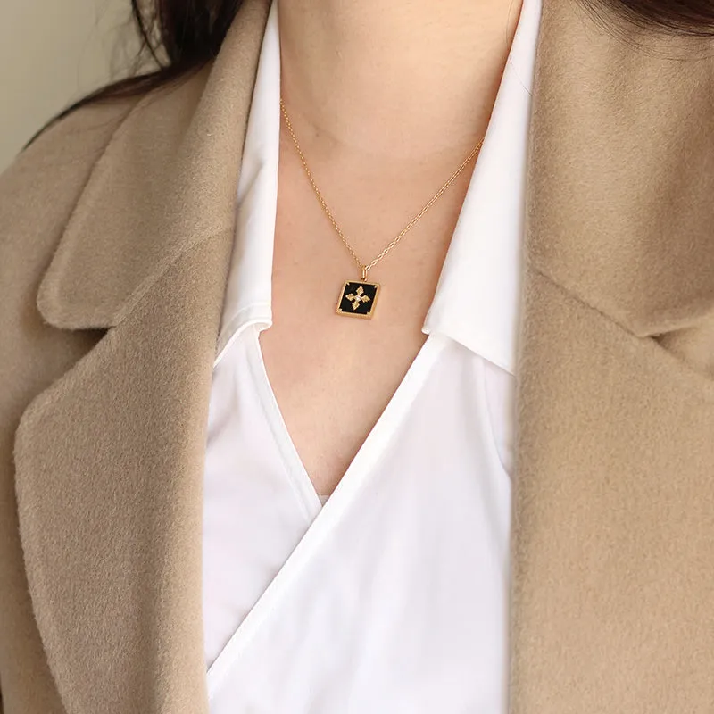 Elegant Gold-Plated Square Pendant Necklace with Embossed Snowflake Design