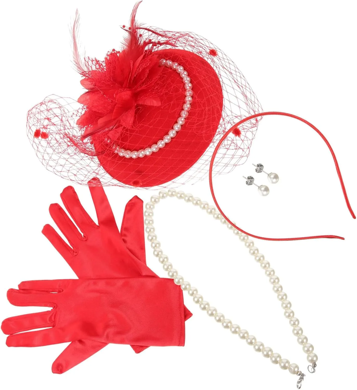 Elegant Tea Party Hat Set Pearl Jewelry Necklace Earrings Lace Gloves Headband Women's Fashion Accessories