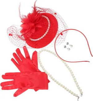 Elegant Tea Party Hat Set Pearl Jewelry Necklace Earrings Lace Gloves Headband Women's Fashion Accessories
