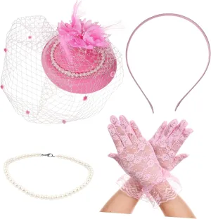 Elegant Tea Party Headband Set Vintage Fascinator Hat Gloves and Pearl Necklace for Women's Occasions