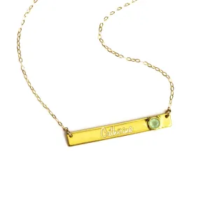 Engraved Aqua Chalcedony Bar Necklace, March Birthstone Necklace, Personalized Birthstone Necklace, Bar with Gemstone Necklace, Name Bar Necklace