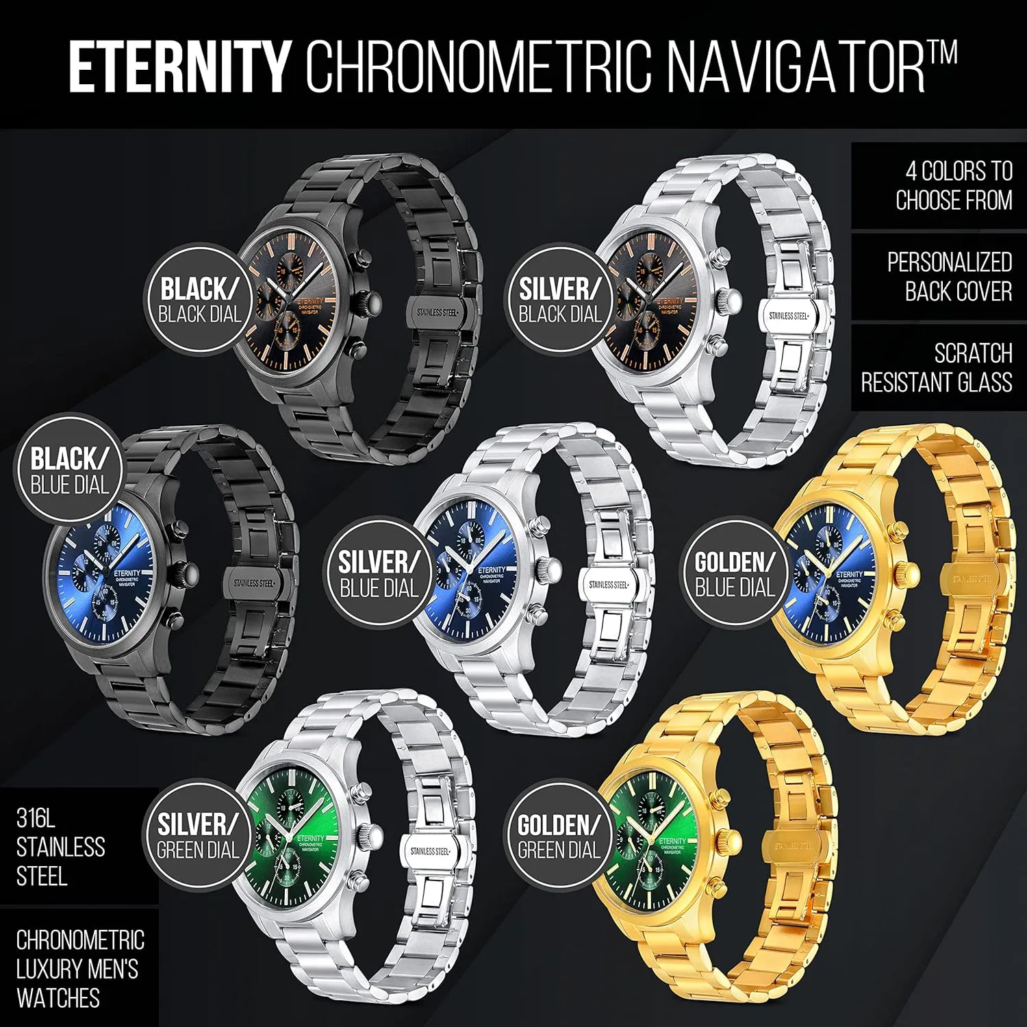 engraved watch. Personalized multi function wrist watch, men's gifts, engraved back cover. (Black/blue dial)