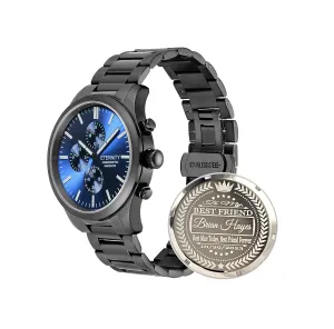 engraved watch. Personalized multi function wrist watch, men's gifts, engraved back cover. (Black/blue dial)