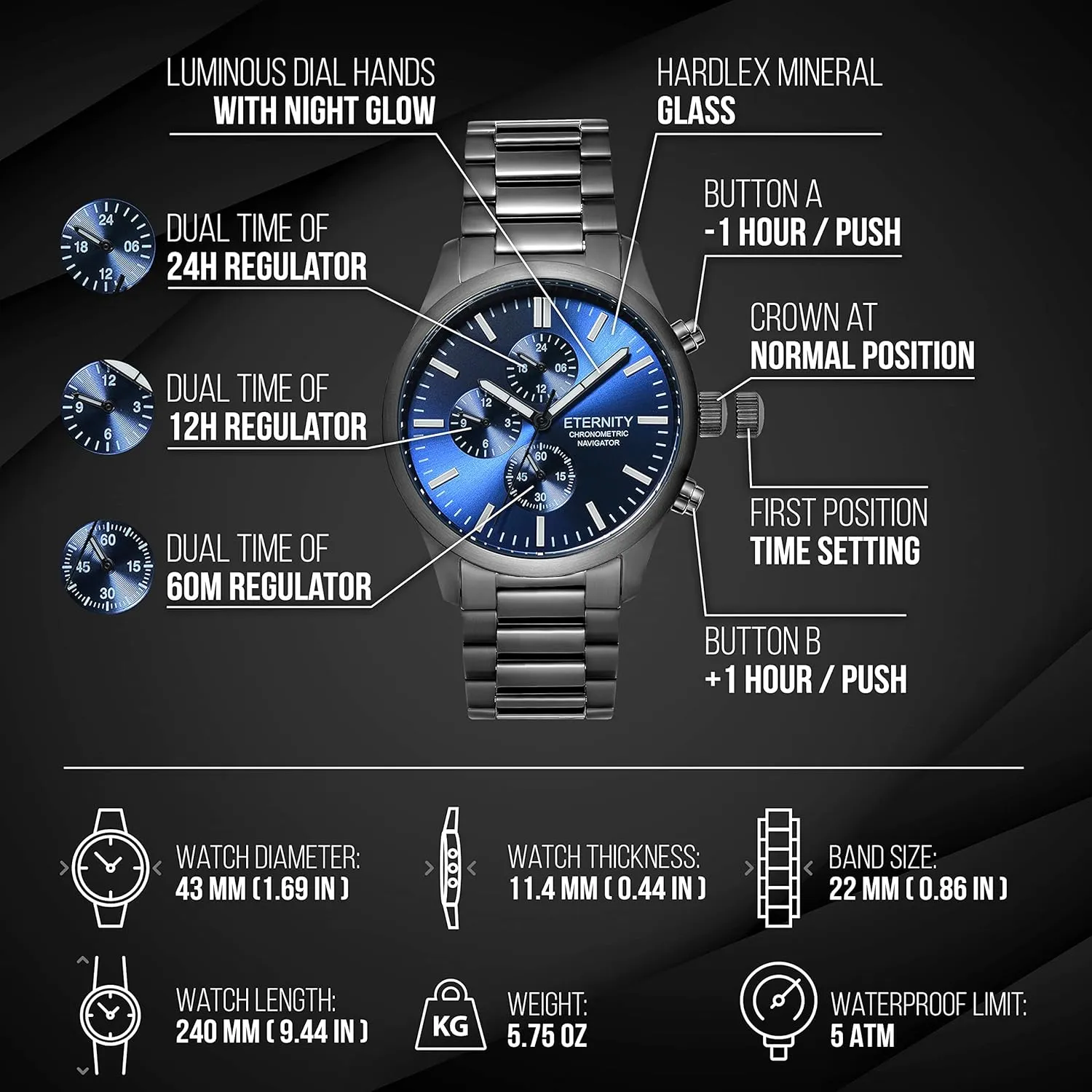engraved watch. Personalized multi function wrist watch, men's gifts, engraved back cover. (Black/blue dial)