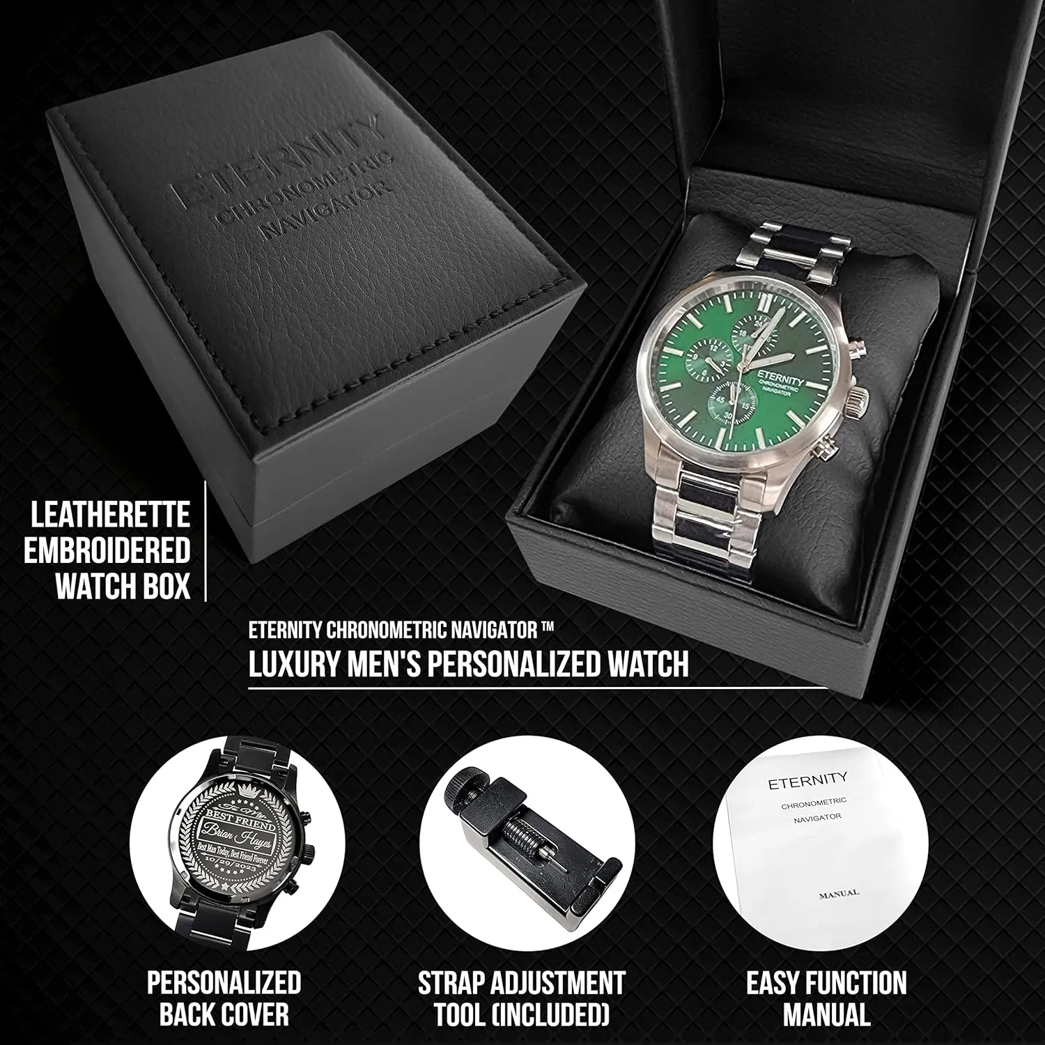 engraved watch. Personalized multi function wrist watch, men's gifts, engraved back cover. (Gold/blue dial)