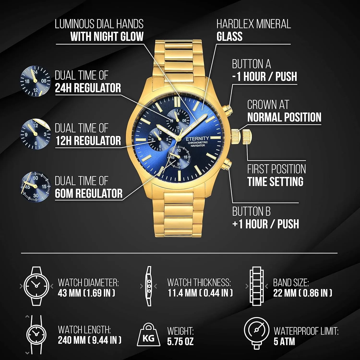 engraved watch. Personalized multi function wrist watch, men's gifts, engraved back cover. (Gold/blue dial)