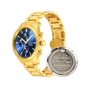 engraved watch. Personalized multi function wrist watch, men's gifts, engraved back cover. (Gold/blue dial)