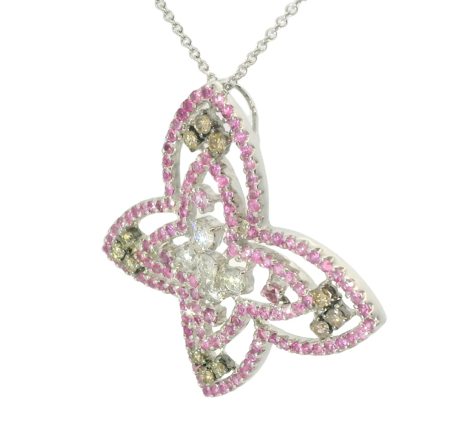 Estate 14K White Gold Sapphire Champagne Diamond Butterfly Pendant