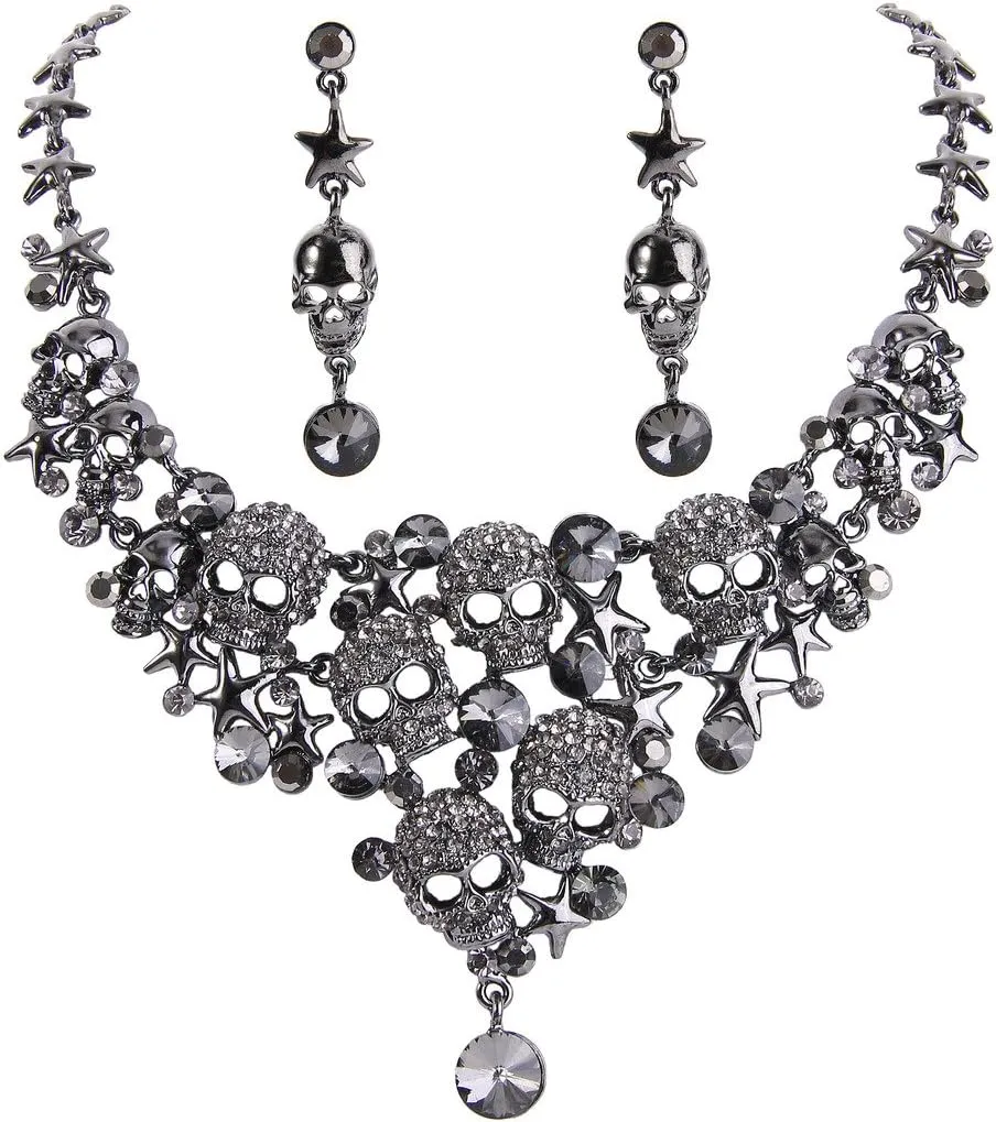 EVER FAITH Women's Crystal Gothic Skulls Stars Statement Necklace Earrings Set