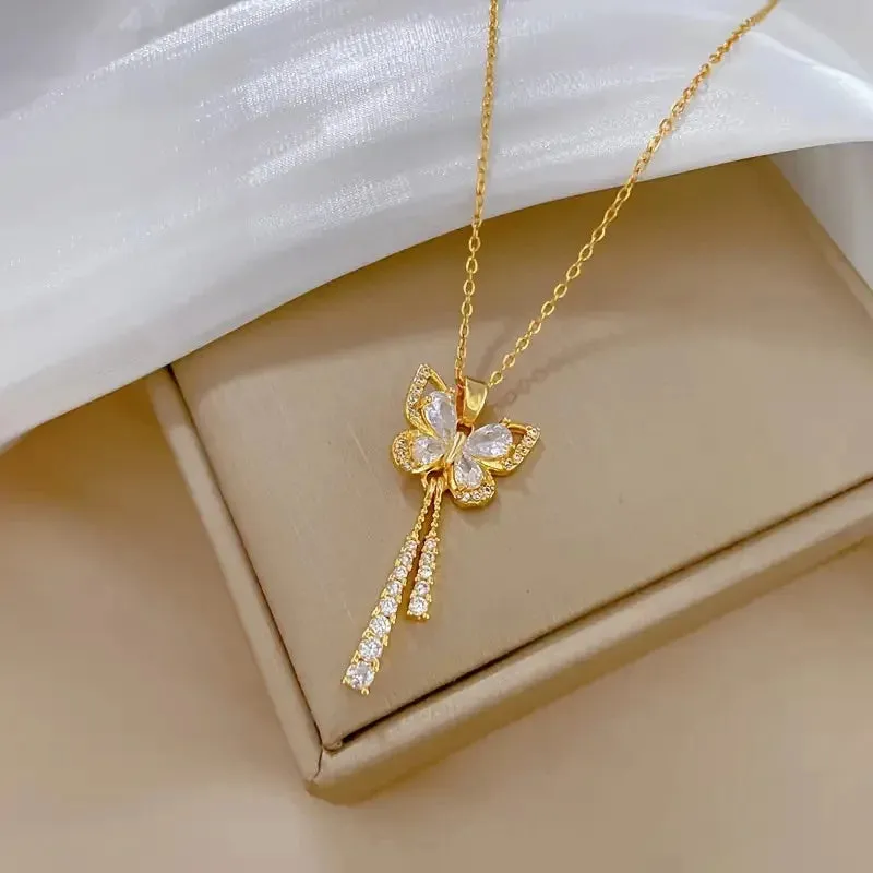 Exquisite Micro Inlaid Zircon Butterfly Tassel Necklace with Titanium Steel, Perfect Gift for Fashion-forward Women