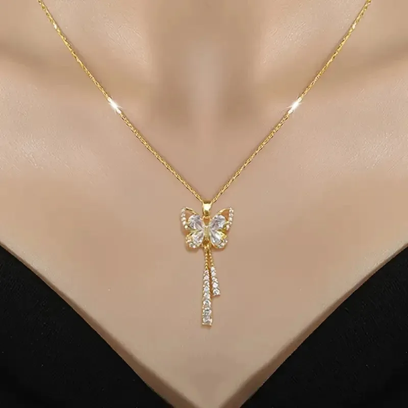 Exquisite Micro Inlaid Zircon Butterfly Tassel Necklace with Titanium Steel, Perfect Gift for Fashion-forward Women