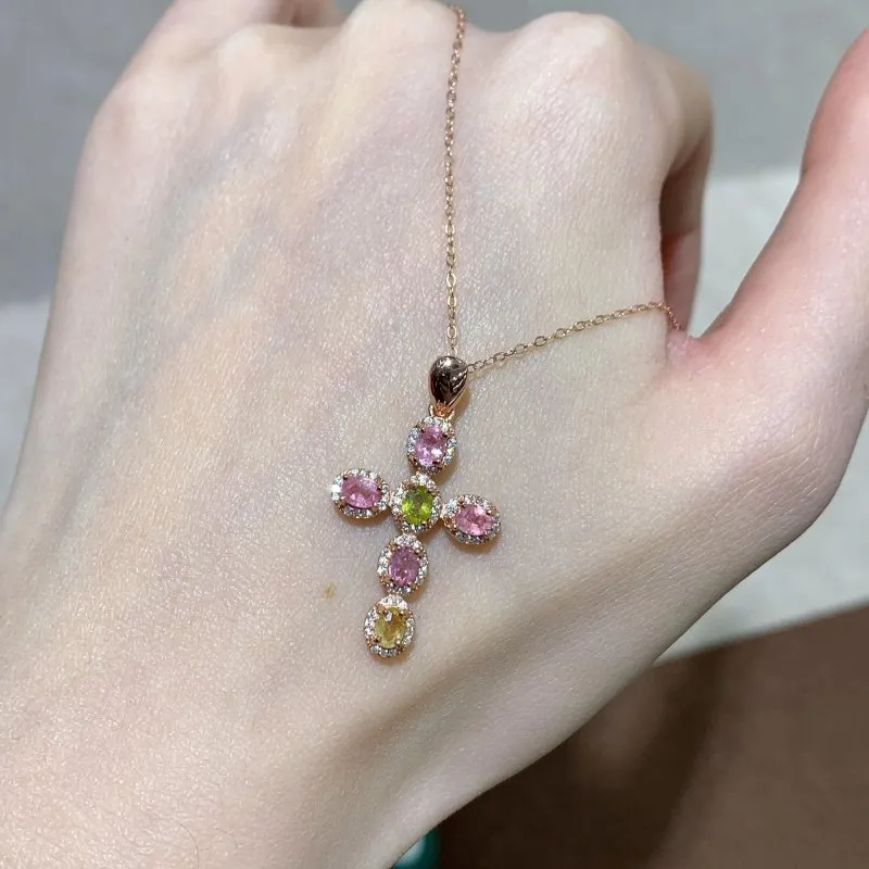 Faceted Oval Shape Natural Pink, Green, and Yellow Tourmaline Cross Pendant for Women - Elegant Gemstone Jewelry for Every Occasion