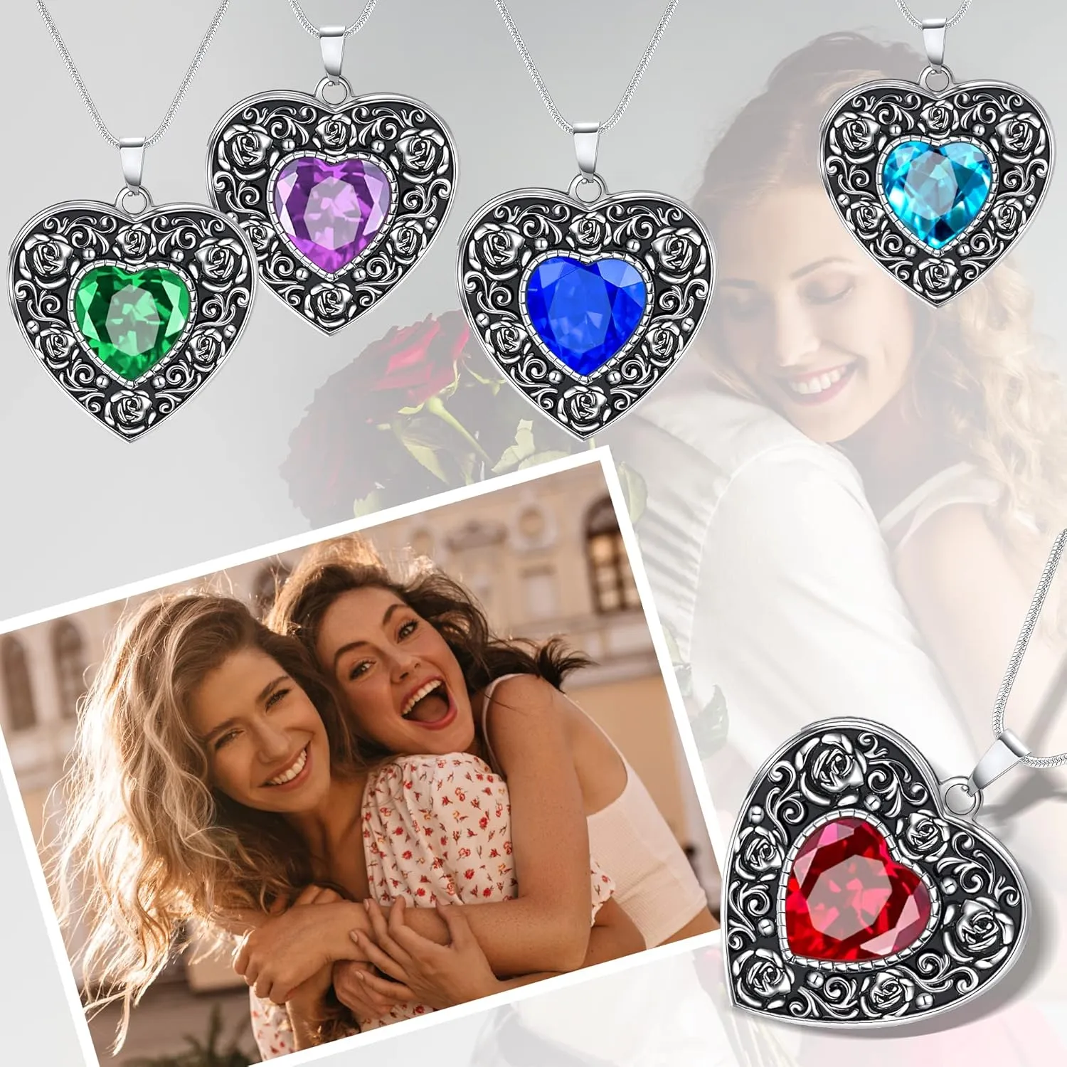 Fanery Sue Locket Necklace for Women, Heart Locket Silver Lockets Rose Sunflower Necklaces Custom Picture Pendant Jewerly Memorial Gifts for Mom Daughter
