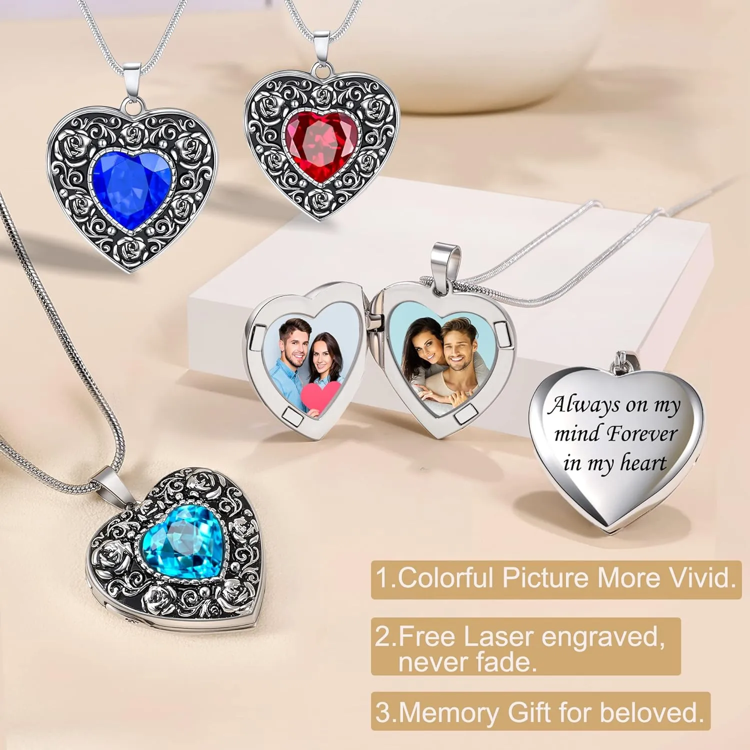 Fanery Sue Locket Necklace for Women, Heart Locket Silver Lockets Rose Sunflower Necklaces Custom Picture Pendant Jewerly Memorial Gifts for Mom Daughter