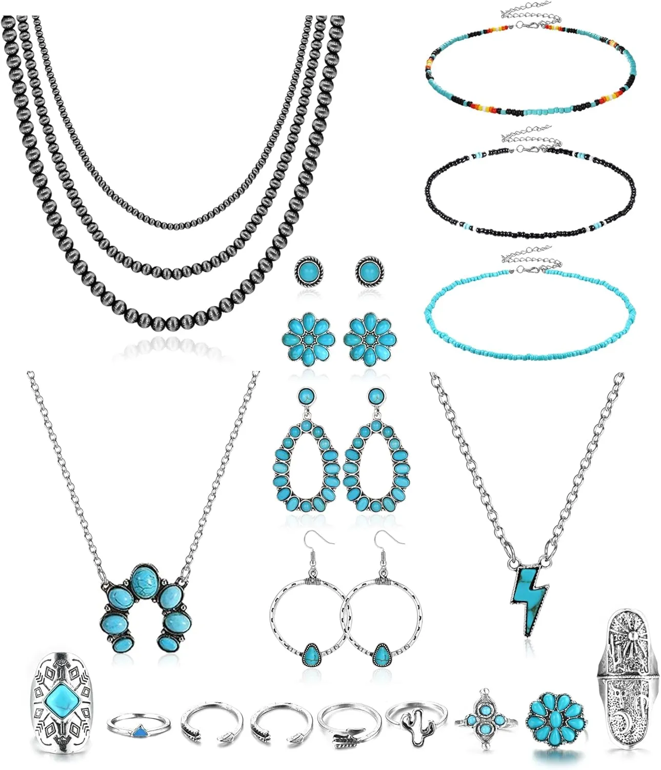 Fansilver Turquoise Jewelry for Women Bohemian Western Jewelry Set Navajo Pearl Necklace Beaded Choker Necklace Turquoise Earrings Bracelet Vintage Knuckle Rings Boho Western Jewelry for Women